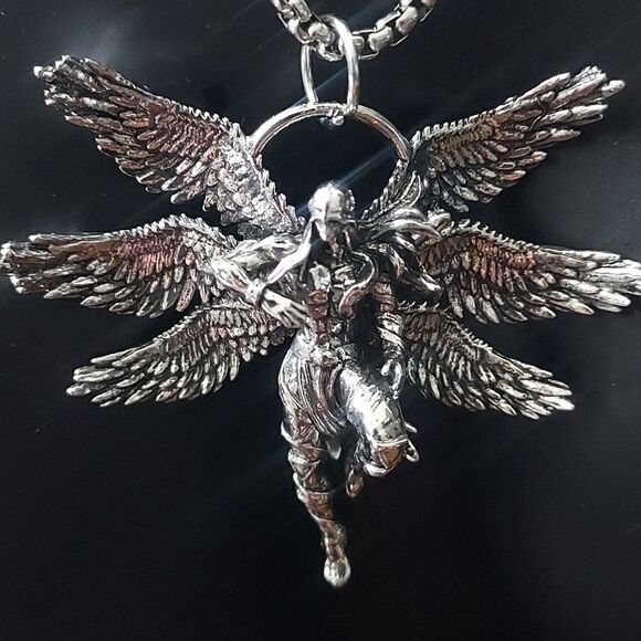 Six Winged Warrior Angel Stainless Steal Unisex Pendant Necklace - Picture 5 of 6